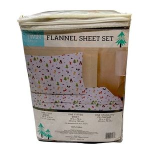 SOLD NEW Twin Flannel Sheet Set. 3 piece. forest animal theme. 100% cotton grey
